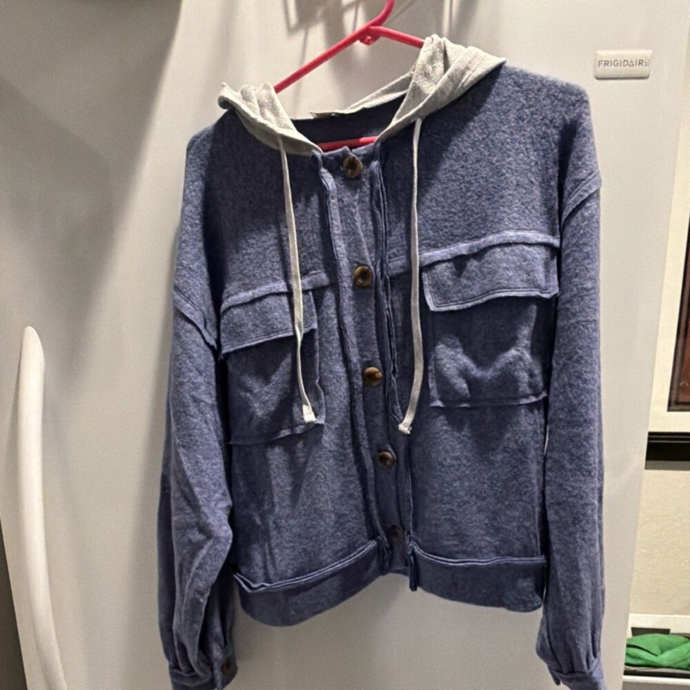 Zenana Button-Up Hoodie Blue with Gray Hood M Women Long Sleeve Pockets